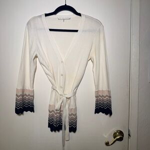 Trina Turk Women's Medium Elegant Ivory BeltedCardigan Black/Tan Chevron Accents